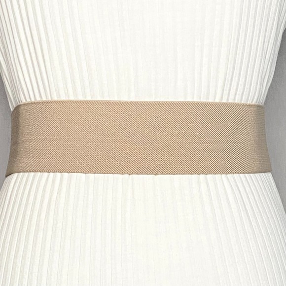 Beige Elastic Cinch Belt Brown Bonded Leather Ends Hook Buckle - Picture 4 of 9